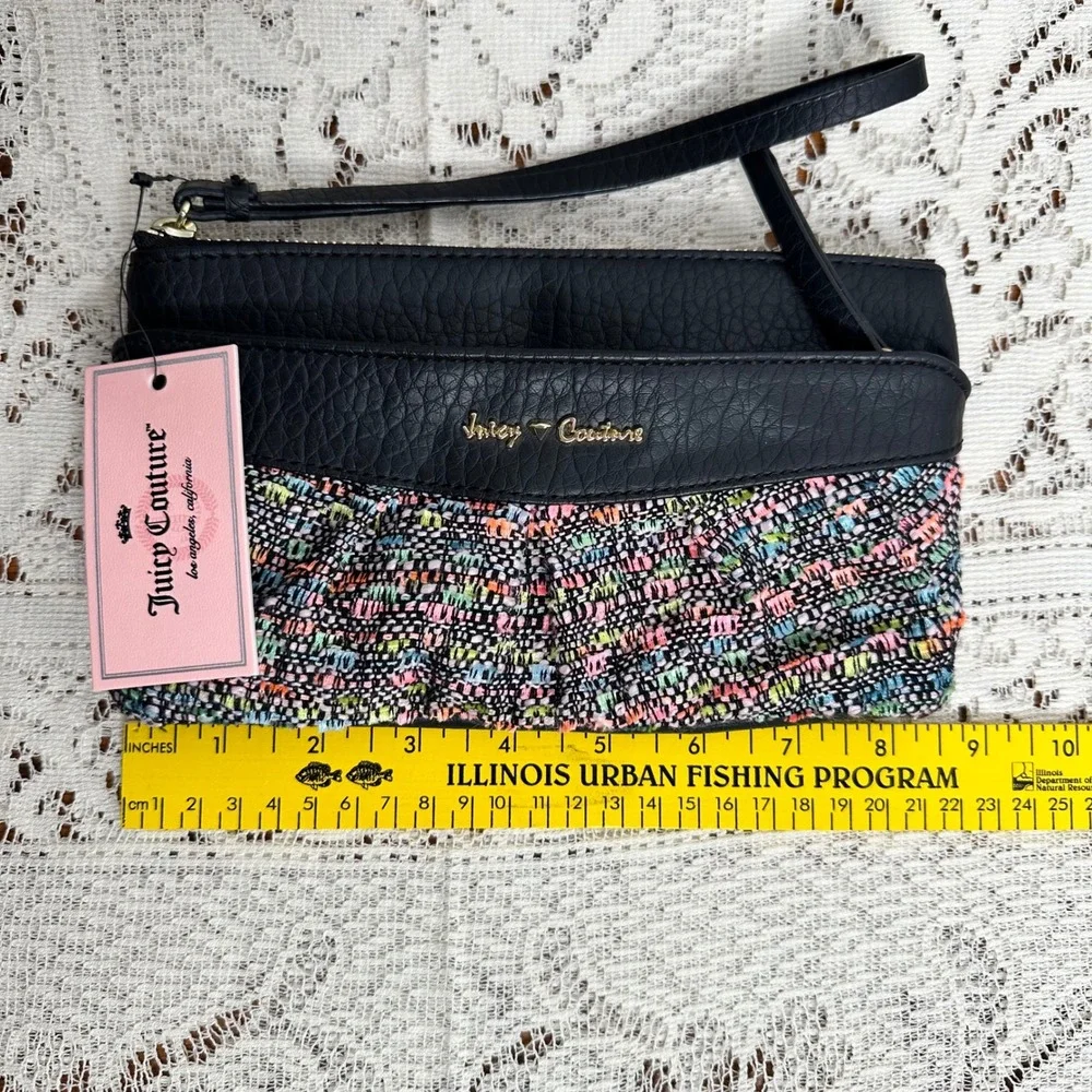 NWT Juicy Couture Wristlet Clutch Colorful Tweed Black Leather‎